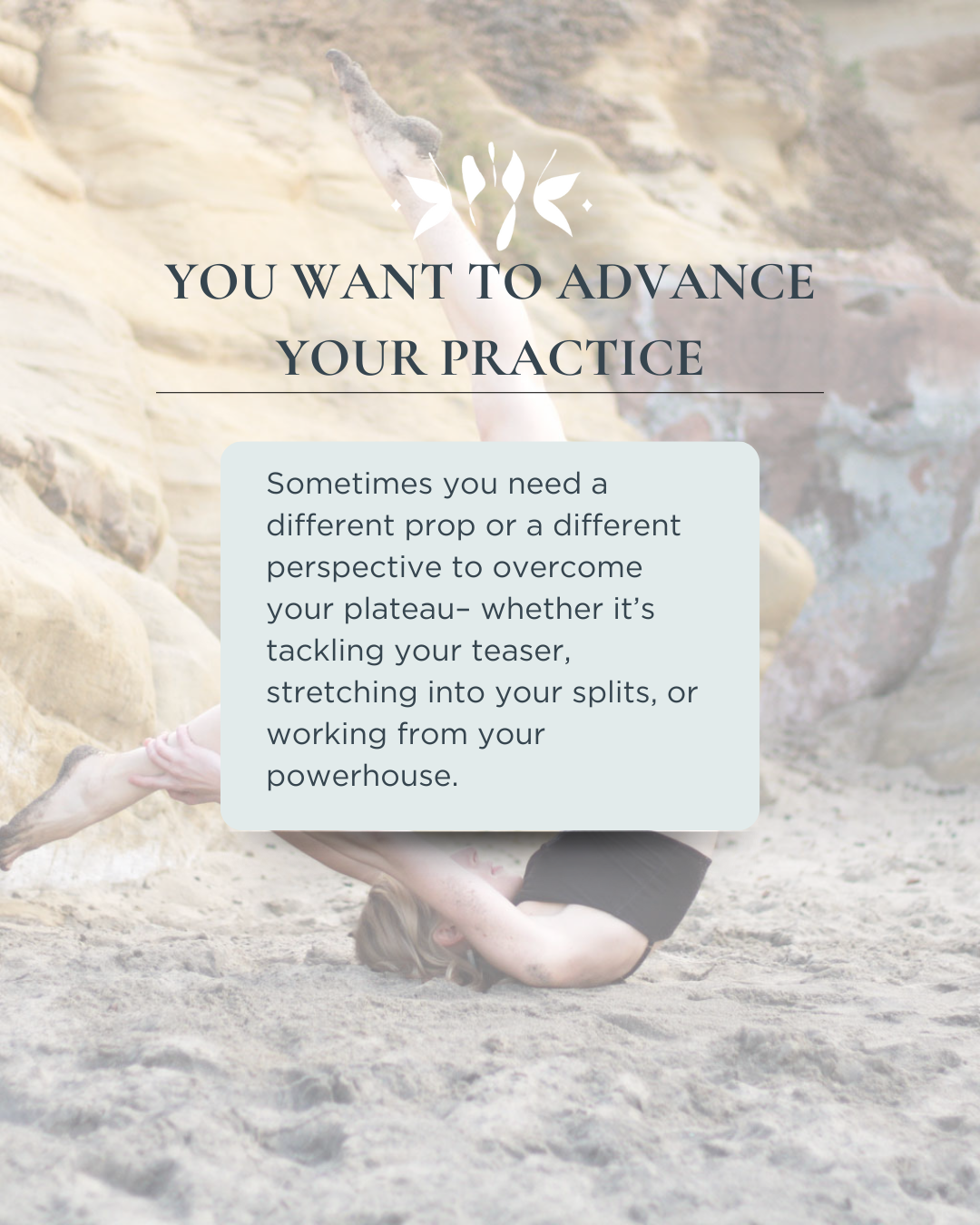 A woman does a Pilates inversion on the beach.