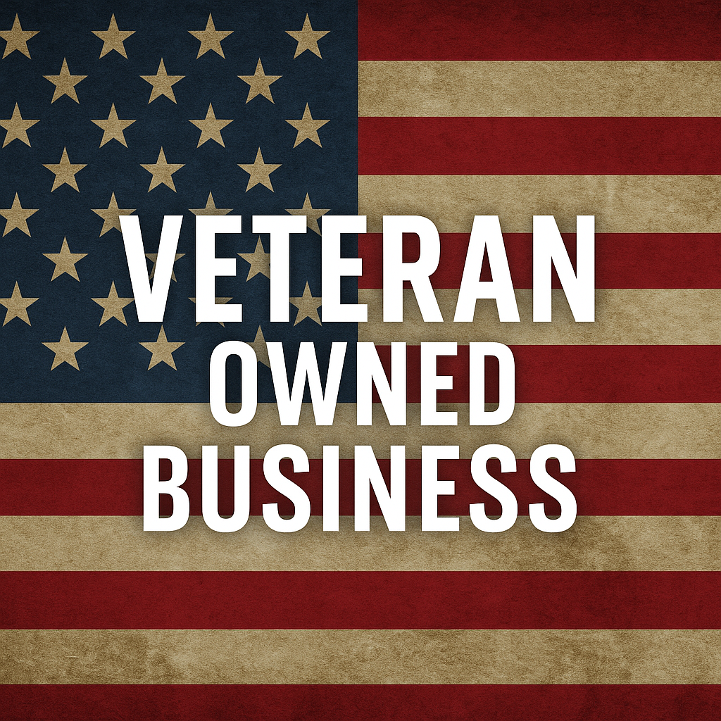 American flag background with text 'Veteran Owned Business' in bold white letters.