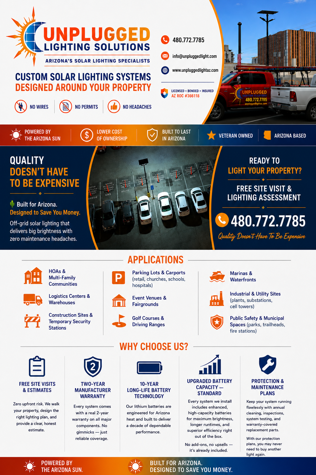 A promotional flyer for Unplugged Lighting Solutions featuring information about custom solar lighting systems, applications, and benefits for property lighting, including contact details and service areas. The flyer shows images of solar-powered parking lot lights and vehicles with the company's branding, emphasizing cost savings, durability, and Arizona-based ownership.