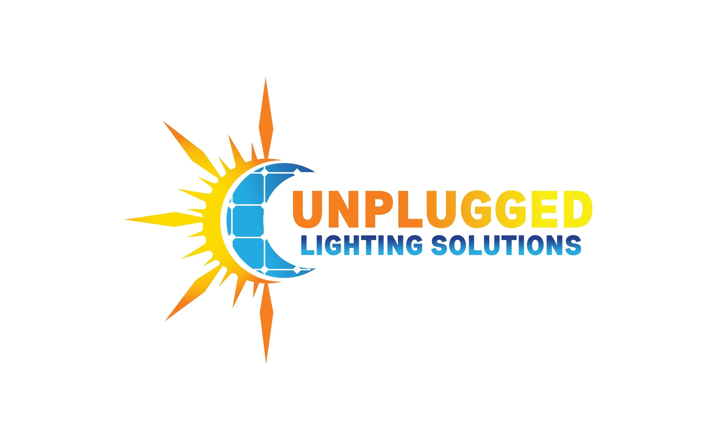 Logo for Unplugged Lighting Solutions featuring a sun and moon design with blue, yellow, and orange colors.