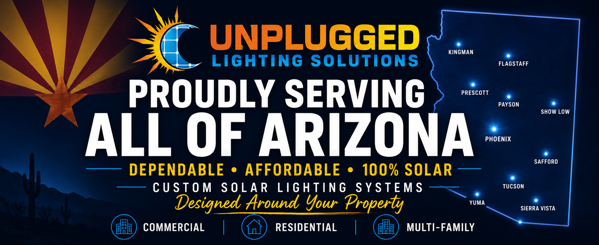 A promotional graphic for Unplugged Lighting Solutions featuring a stylized Arizona state map with city names and a desert landscape with cacti. Text highlights their services, including custom solar lighting systems for commercial, residential, and multi-family properties.