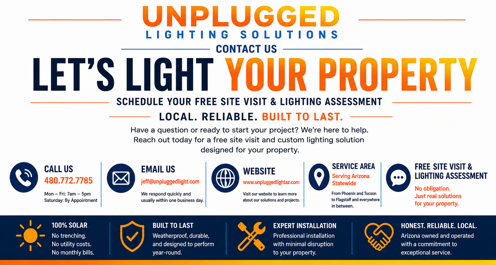 Advertisement for Unplugged Lighting Solutions offering solar-powered, durable, and reliable lighting services for properties in Arizona, with contact info including phone, email, website, and service areas.