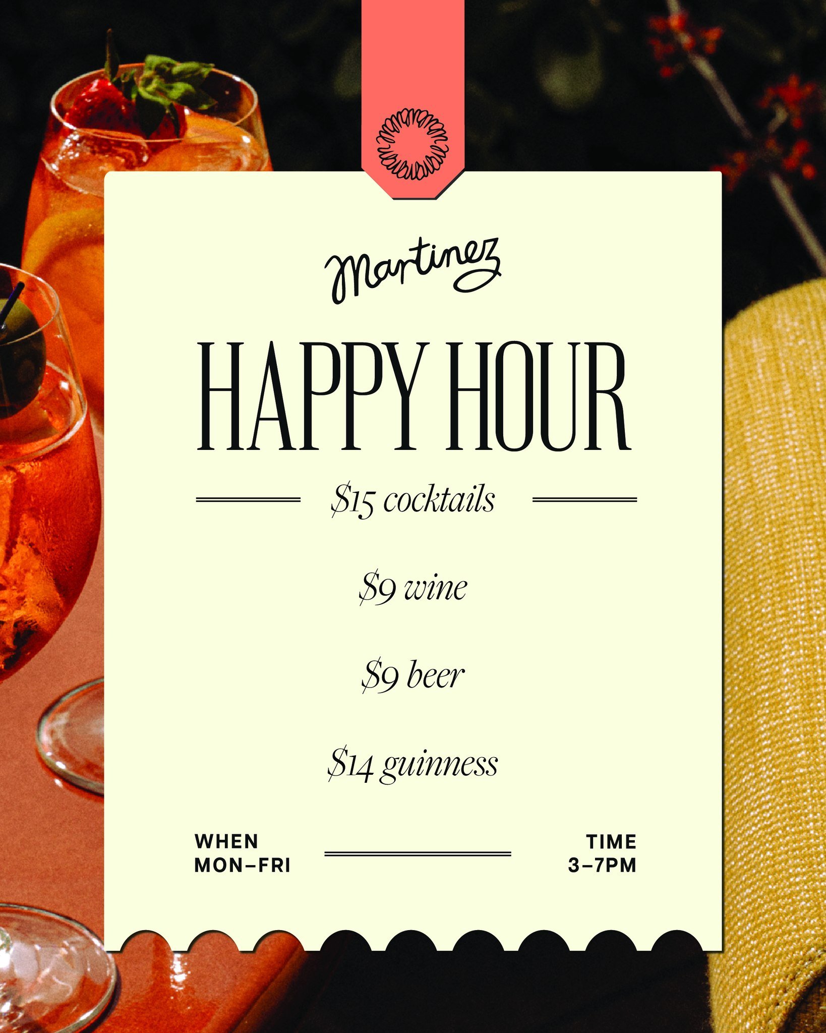 The afternoon calls. 

Monday to Friday, 3&ndash;7pm, sips from $9, cocktails from $15 and a cold Guinness for $14. And from 5&ndash;8pm, any two pizzas for $35. Every reason to finish early.
