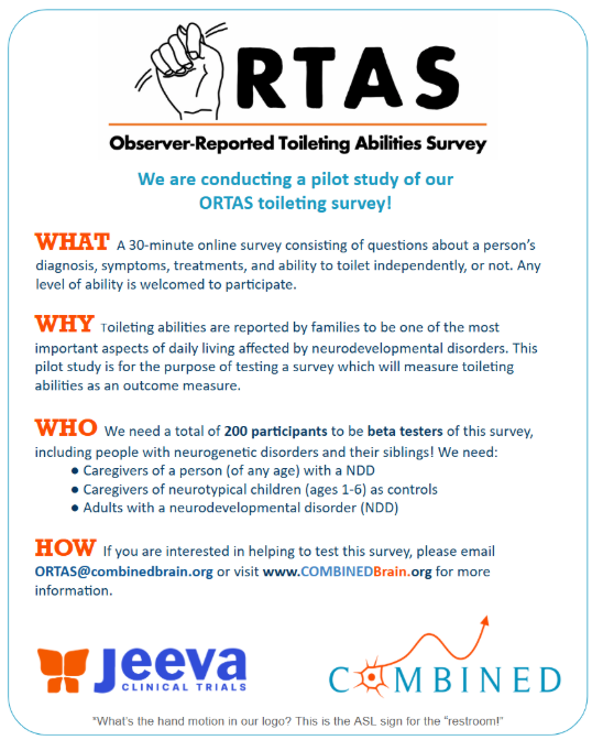 Poster for the RTAS Observer-Reported Toileting Abilities Survey, including details about the pilot study, reasons for testing toileting abilities, participant criteria, and contact information, with logos for Jeeya Clinical Trials and Combined Brain.