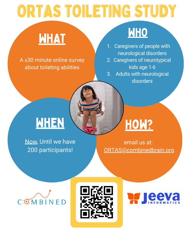 An infographic about the ORTAS Toileting Study featuring a photo of a young girl sitting on a toilet, surrounded by colorful circles with information about the study's purpose, target participants, timing, and contact details, including a QR code.