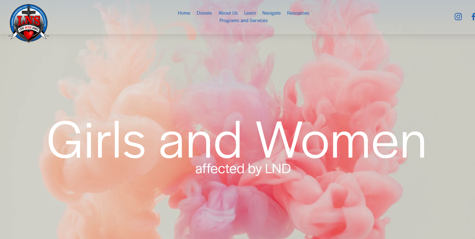 Website homepage for Girls and Women affected by LND, featuring a pink and peach-colored ink or smoke background, with a logo in the top left corner and navigation menu options at the top.