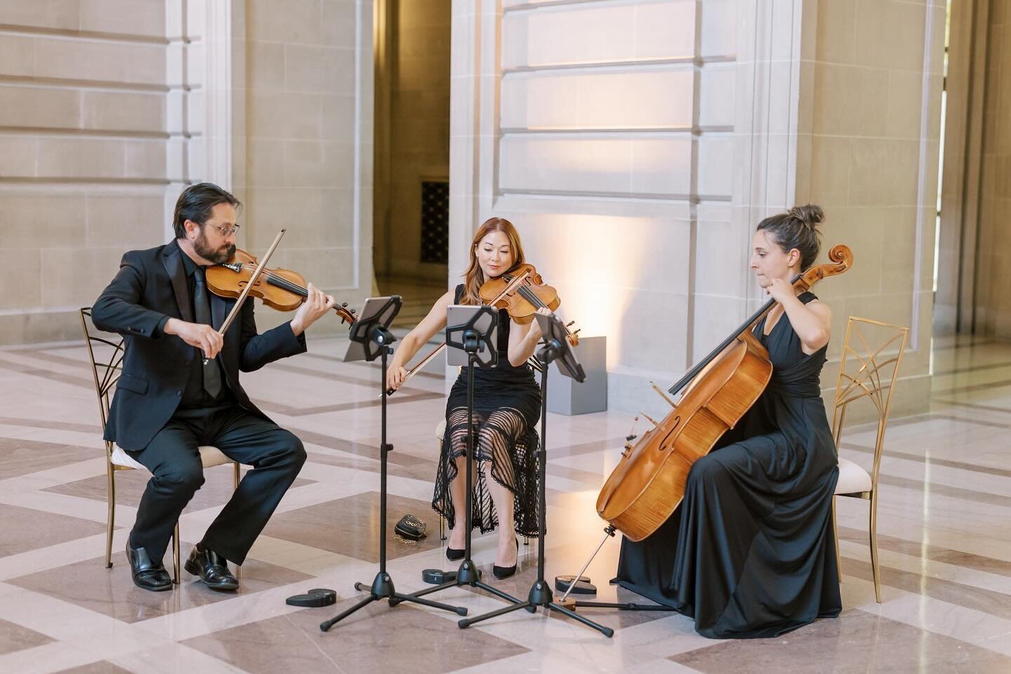 Infusing an elegant ambiance into a timeless San Francisco City Hall union.
.
.
@theganeys @daldevents 
.
.
.
#timeless #elegant #sfcityhall #marriage #union #wedding #violin #viola #cello #stringtrio #music t