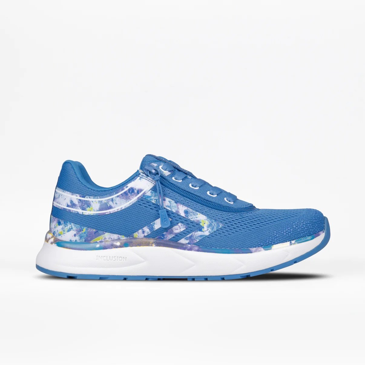 BILLY women's adaptive sneaker in a bright blue color with a marbled cool color accent pattern, white soles, and a zipper that wraps around the laces