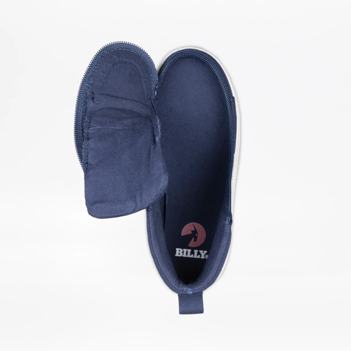 BILLY adaptive kids high top sneakers in classic navy shown from above with the wraparound zipper open for a wide and easy in/out