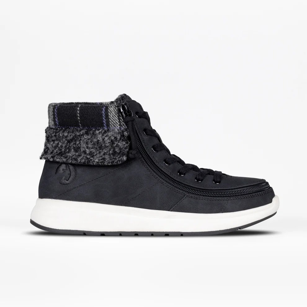 BILLY women's adaptive black comfort cuff high tops with plaid cuff and white rubber soles