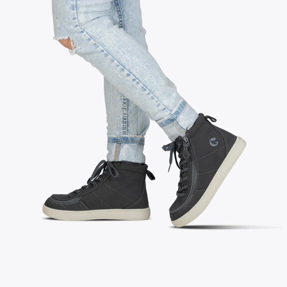 BILLY kids high top adaptive sneaker in a charcoal canvas shown on a model wearing lightwash jeans