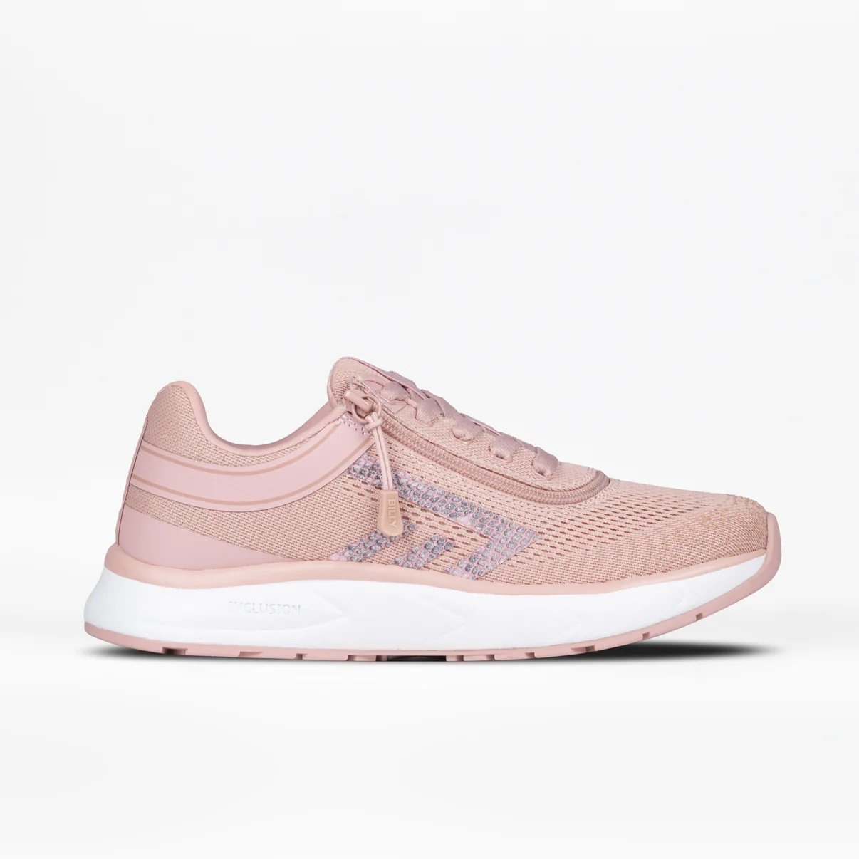 BILLY women's sport inclusion sneaker in a blush pink with a white sole, pink laces, pink wrarparound zipper, and a slightly purple logo on the side