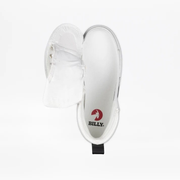 BILLY kids adaptive high top sneaker in white shown from above with the wraparound zipper open for easy in/out