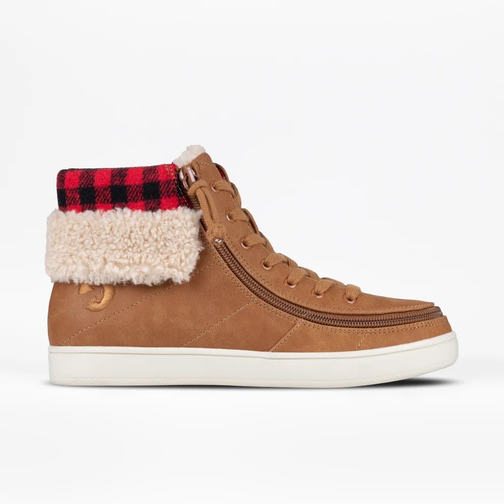 BILLY women's adaptive cognac high tops with a fur lined cuff with a red/black buffalo plaid highlight at the top