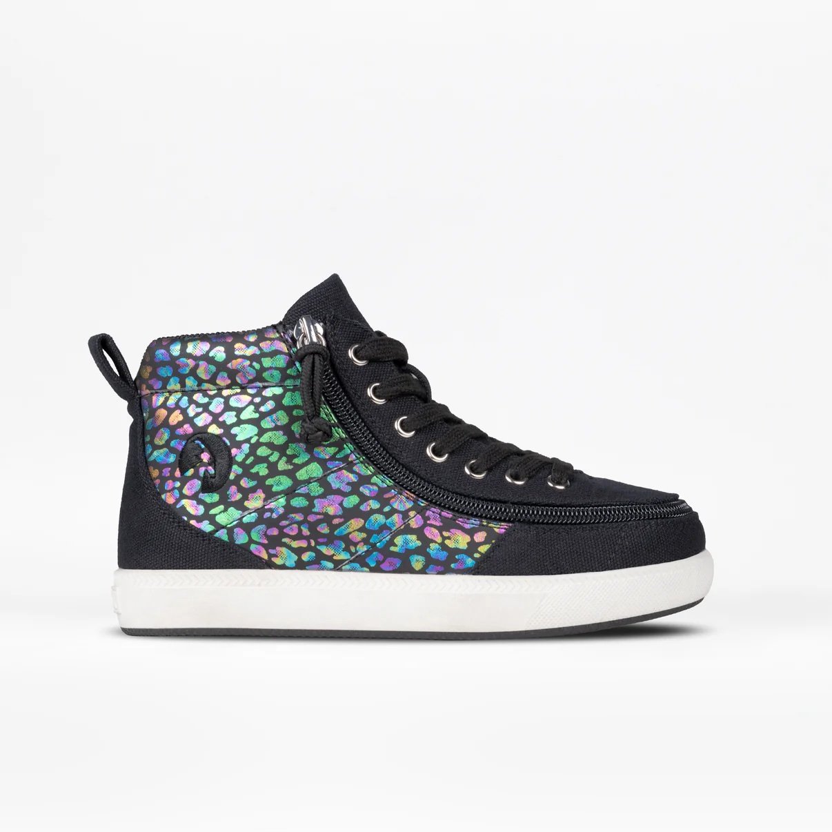 BILLY adaptive kids D|R High Top Sneaker shown in lack with a rainbow leopard print up the middle outer, with black laces and a white sole