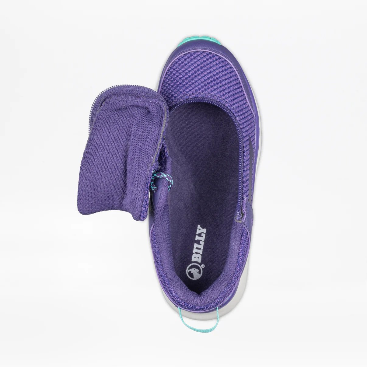 BILLY women's adaptive trail inclusion shoe in purple/mint shown from above with the wraparound zipper fully open