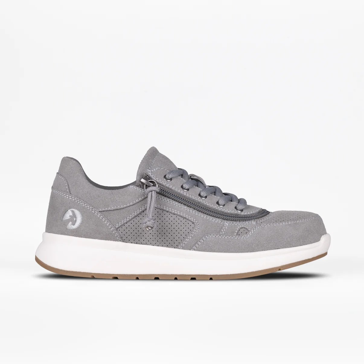 grey adaptive jogger shoe with zipper all the way around laces to open for easy on/off, grey suede material with white sole