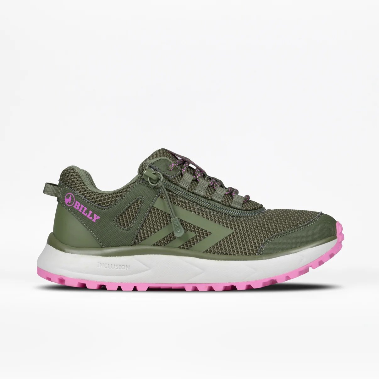 BILLY adaptive women's trail inclusion shoe in olive green with pink accents and a white rubber sole