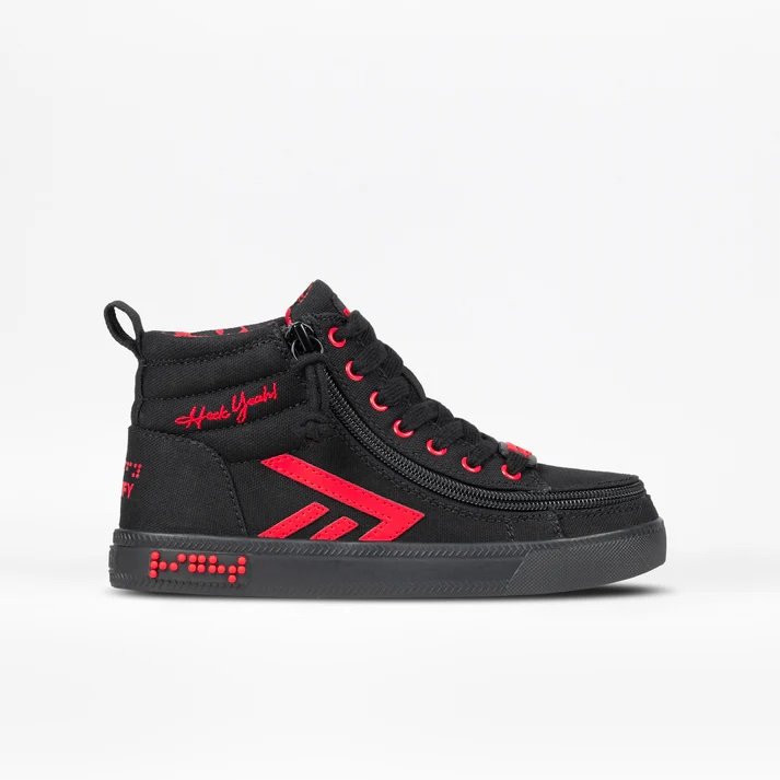 BILLY adaptive high top sneaker in black with red accents and red braille on the sole