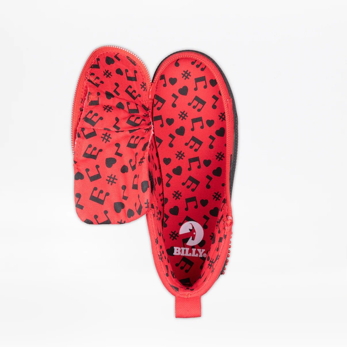 BILLY adaptive high top sneaker in bright red shown from the top with the adaptive zipper open and the inside design is red with black music notes