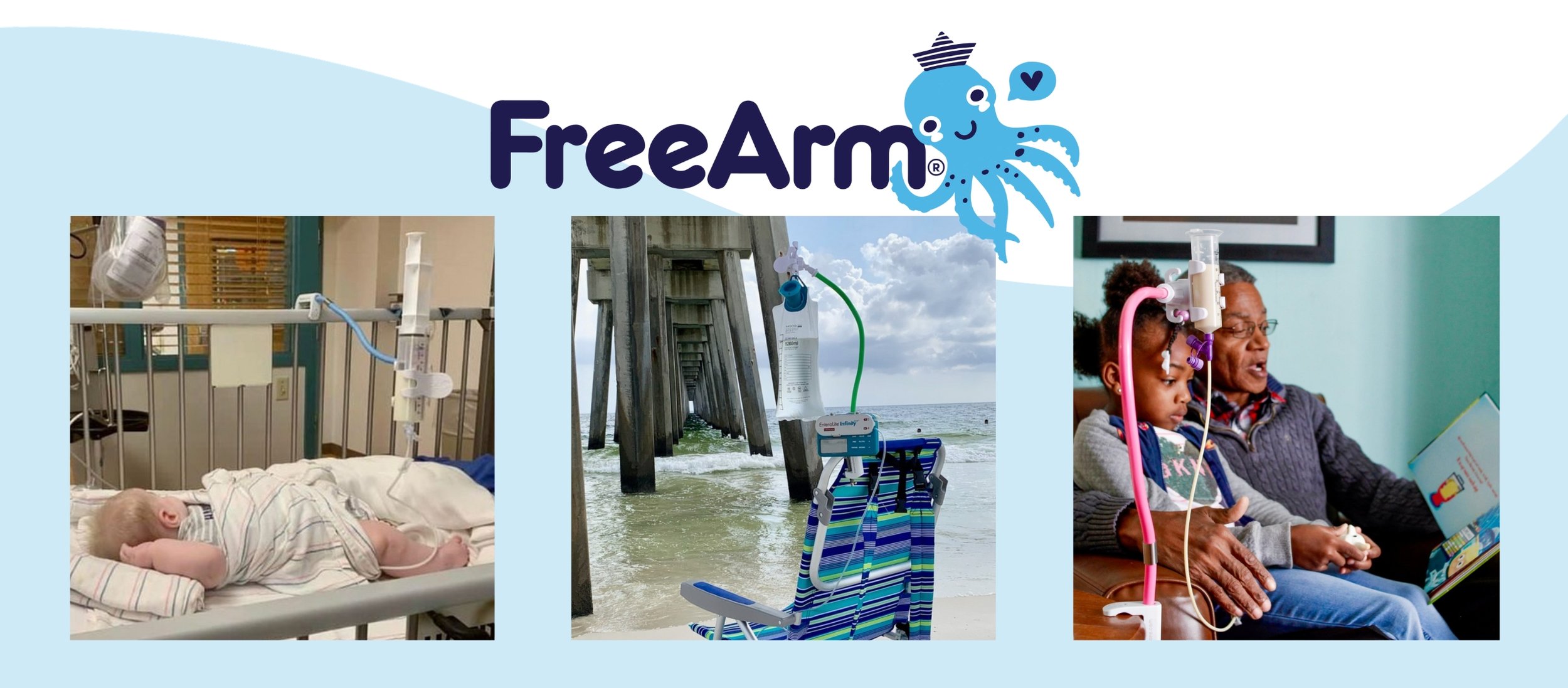 FreeArm logo atop three images, from left to right, an image of a baby in a hospital bed with a blue FreeArm attached to the hospital crib, a beach chair under a pier at the beach with a green free arm attached, a grandpa reading a story to a grandda
