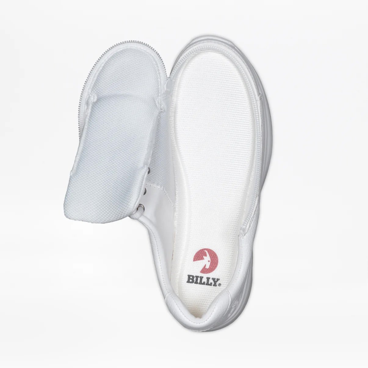 white BILLY low top adaptive work shoe showing how the zipper opens