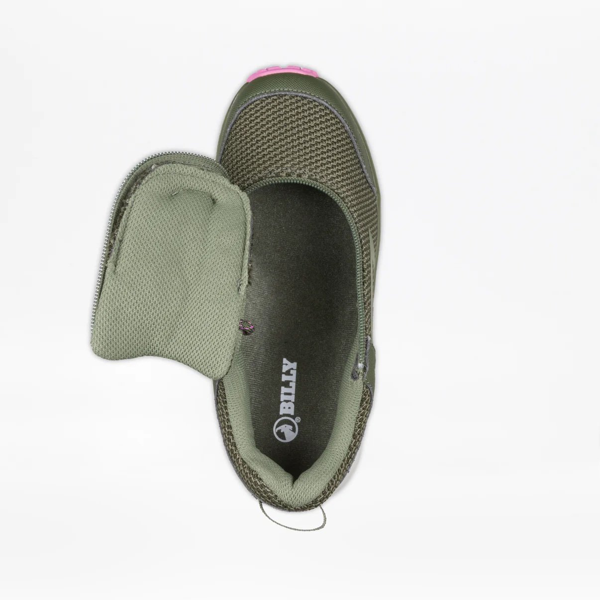 BILLY adaptive women's trail inclusion shoe in olive green shown from above with the wraparound zipper open for easy in and out