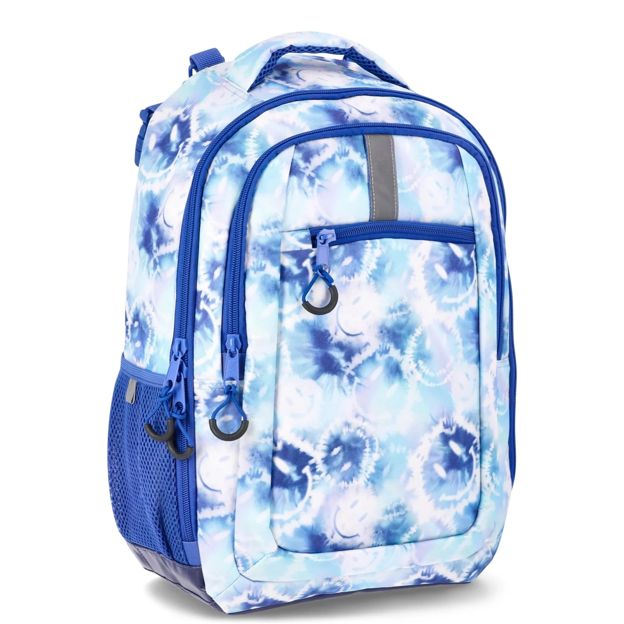 The Wonder Nation 17" unisex adaptive backpack available at walmart shown in a white and blue smiley face tie dye pattern with royal blue zippers, enlarged zipper pulls, and a royal blue mesh water bottle pocket