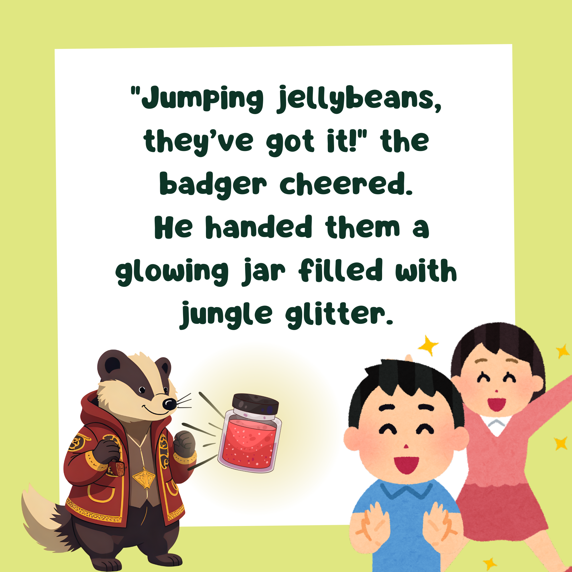 storybook page with text, ""Jumping jellybeans, they’ve got it!" the badger cheered.  He handed them a glowing jar filled with jungle glitter." and a badger in a coat handing kids a glowing jar