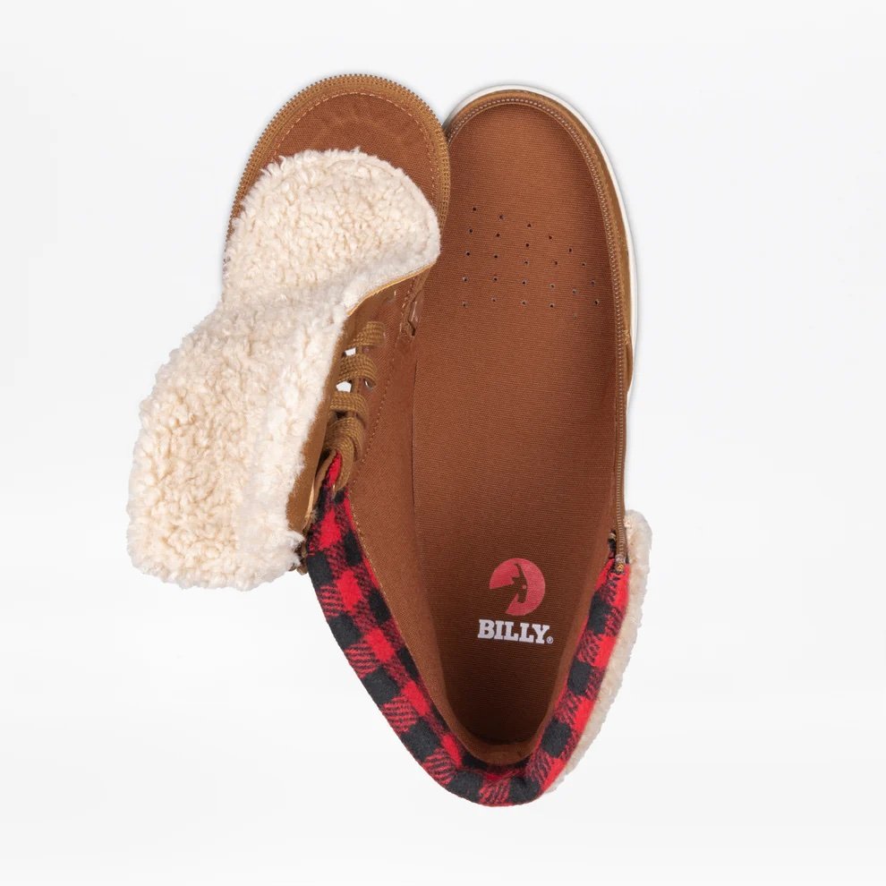 BILLY women's adaptive cognac high tops with a fur lined cuff with a red/black buffalo plaid shown from the top with the adaptive zipper open for easy on/off