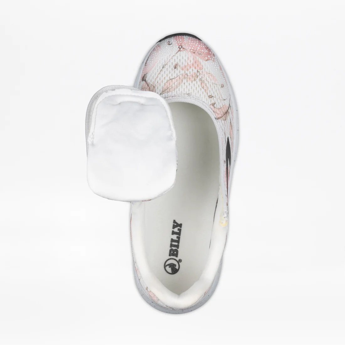 BILLY women's white sneaker with a light pink floral pattern and black accents shown from above with the adaptive wrapround zipper open for easy in/out