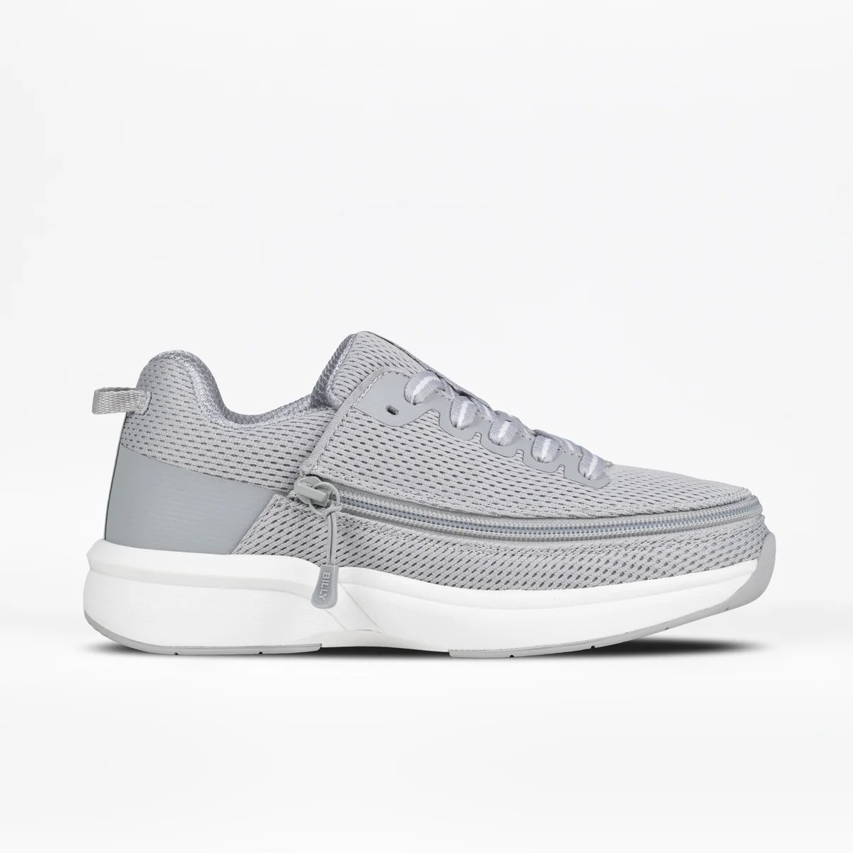 the BILLY women's grey limitless sneaker is a light grey mesh with grey and white laces, a grey full wrap zipper and white rubber soles