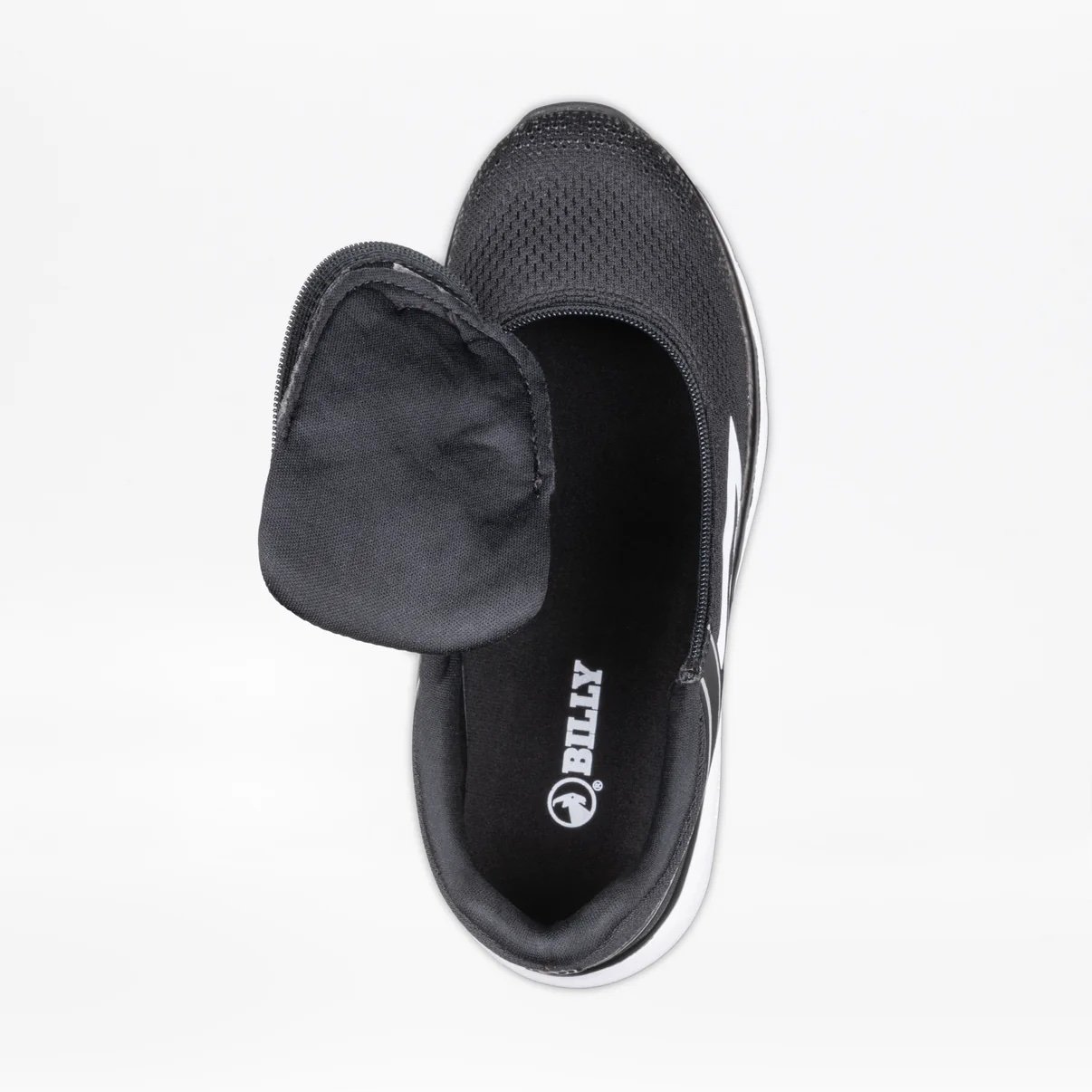 BILLY women's sneaker in black wth white accents and rubber sole shown from the top with the adaptive wraparound zipper open for easy in/out
