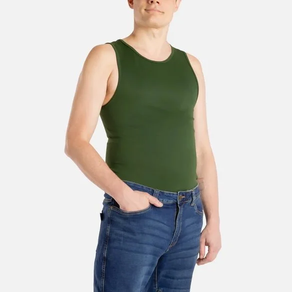 Fit white male with right arm in pocket of dark wash jeans wearing the No Limbits Adaptive Mens Olive Sensory Compression Tank