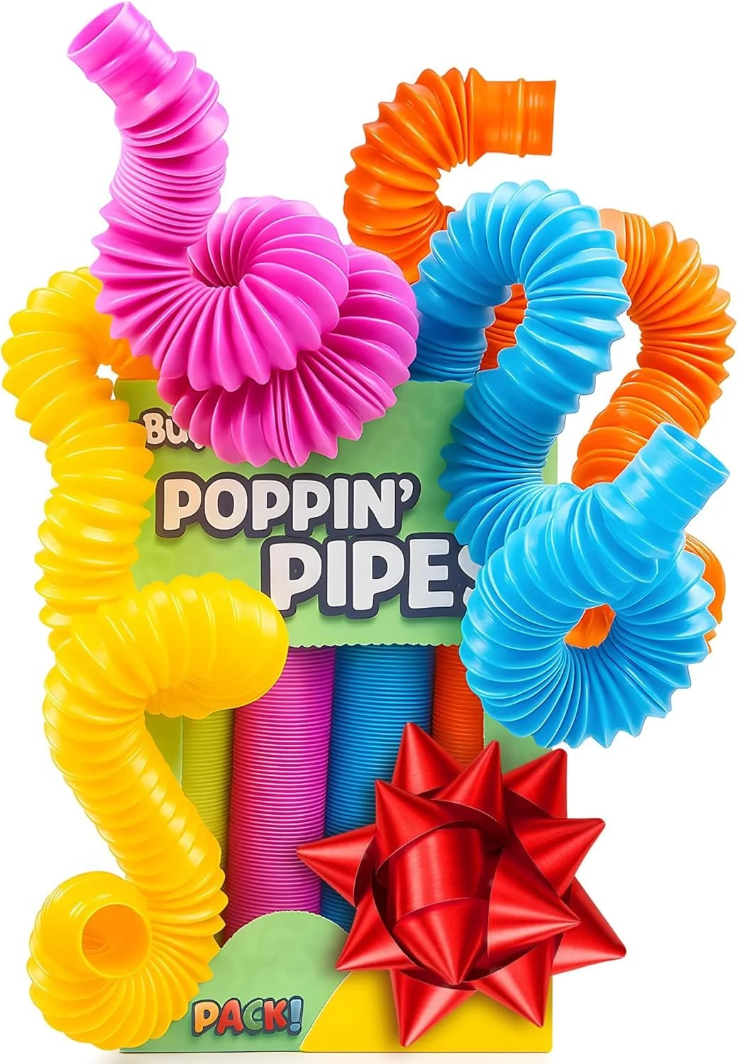 A box that says Poppin' Pipes with pop tubes overflowing in yellow, pink, orange, and blue. Shown with a bow as a perfect gift for a sensory seeker