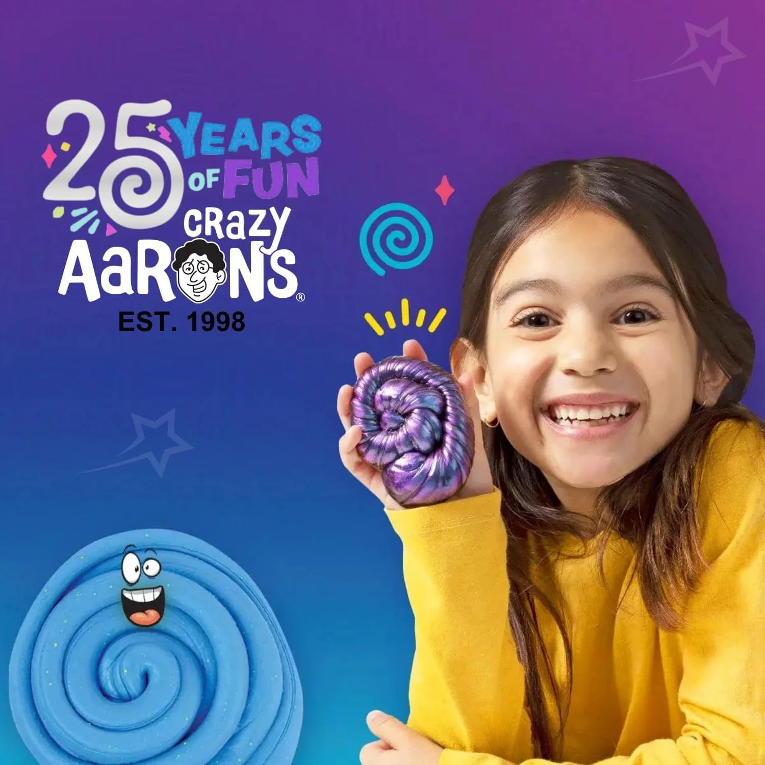 A young girl holding Aaron's thinking putty and smiling at the camera with text that says 25 years of fun crazy aaron's
