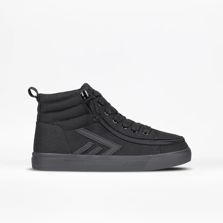 BILLY adaptive kids black high top sneaker with black sole and black laces