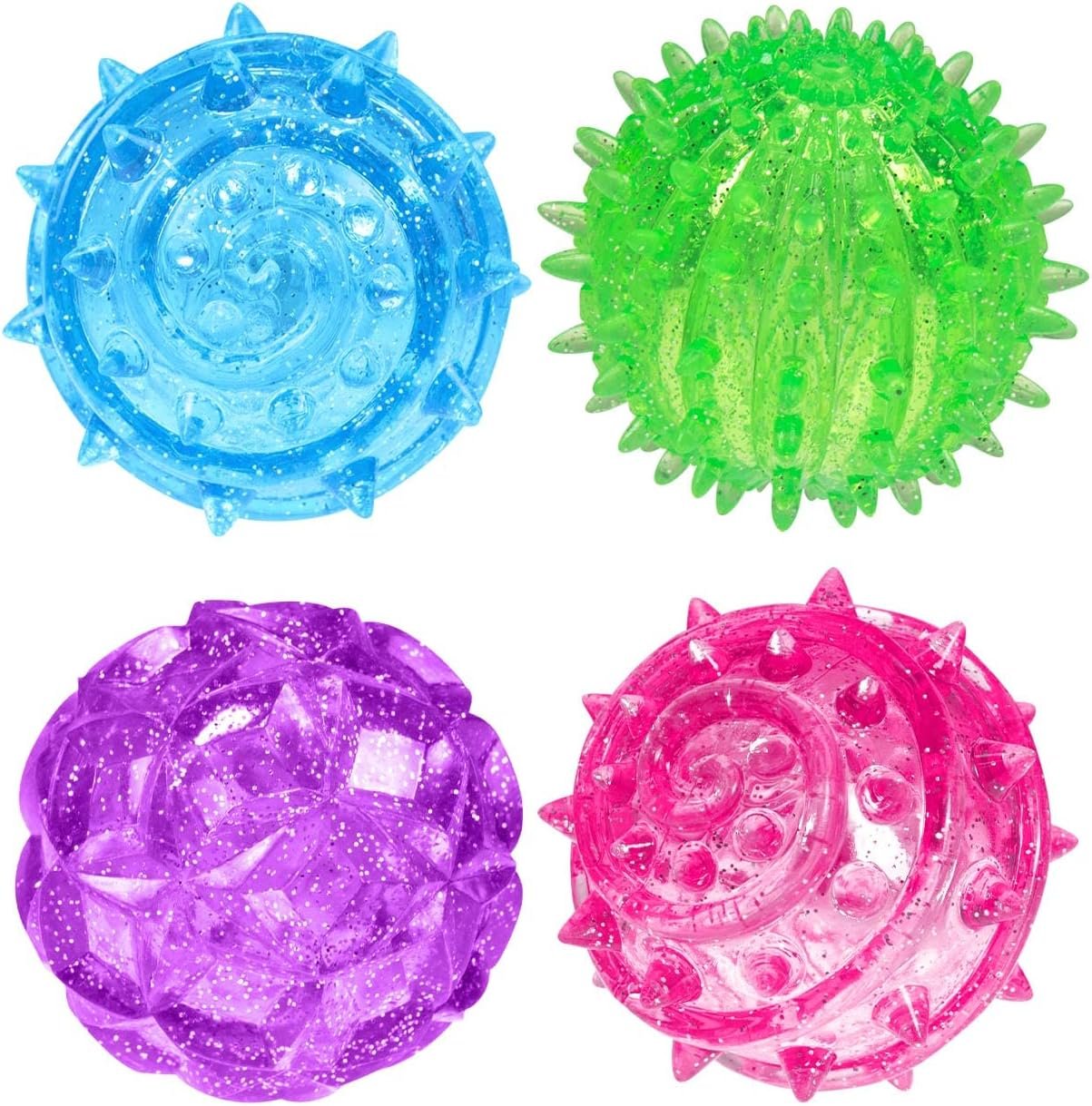 Four small plastic balls (blue, green, purple, and pink) each with a different texture, that light up for sensory play
