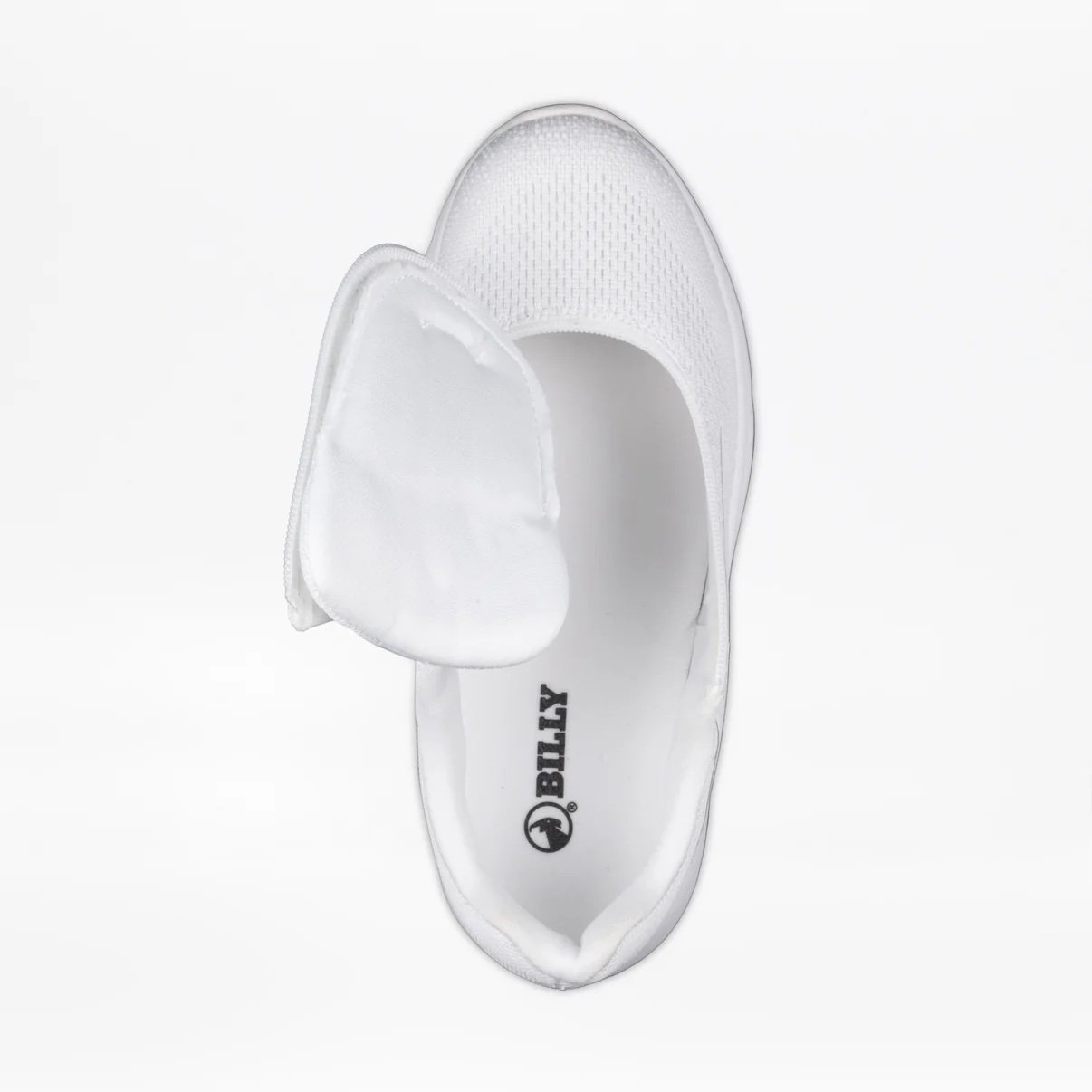 BILLY women's sport inclusion sneaker shown in all white from above with the adaptive wrapround zipper open