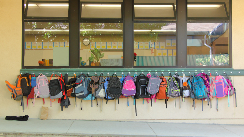 27 backpacks of all shapes, sizes, and colors hanging on hooks outside under a window at a school.