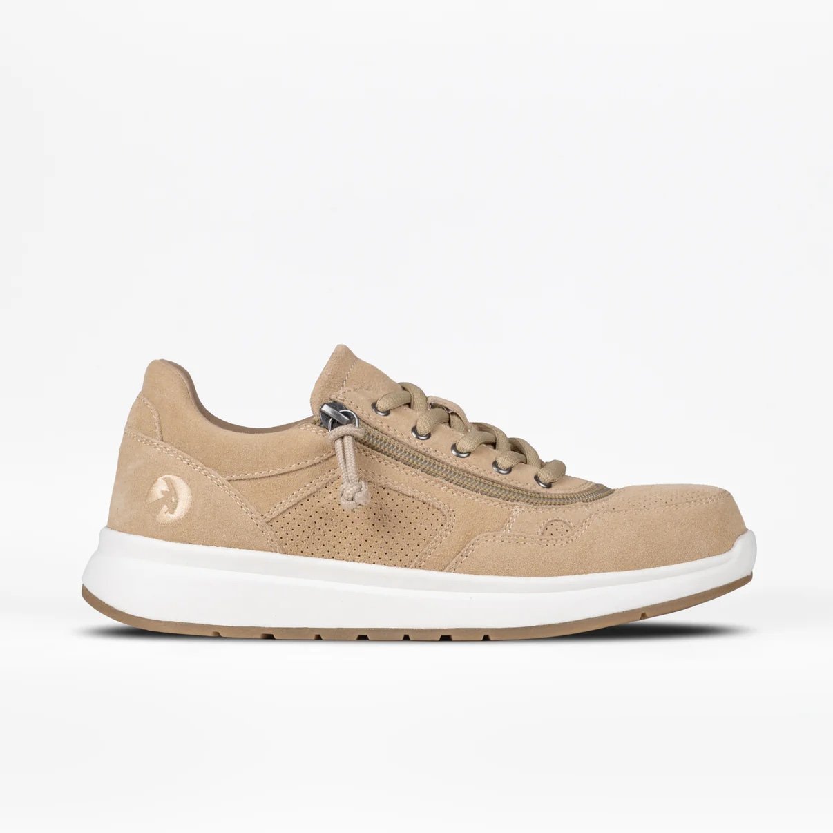 a tan suede sneaker with white rubber soles with adaptive feature - zipper zips around laces to allow for easy on and off