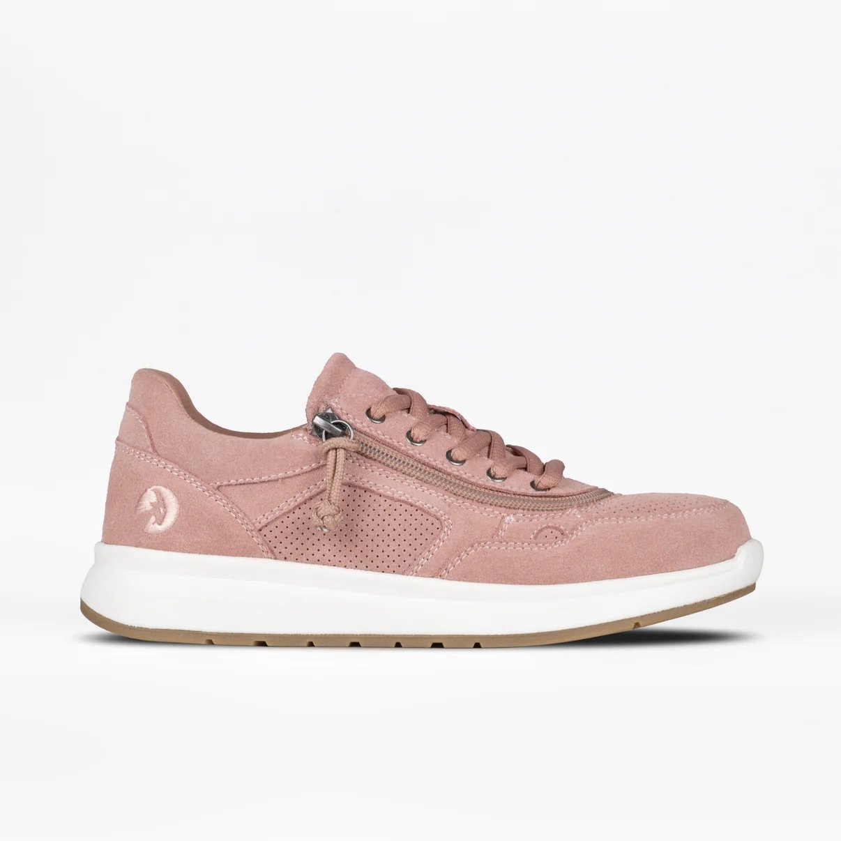 blush pink suede BILLY jogger shoe with adaptive zipper, shot from the side showing zipper around laces, white soles