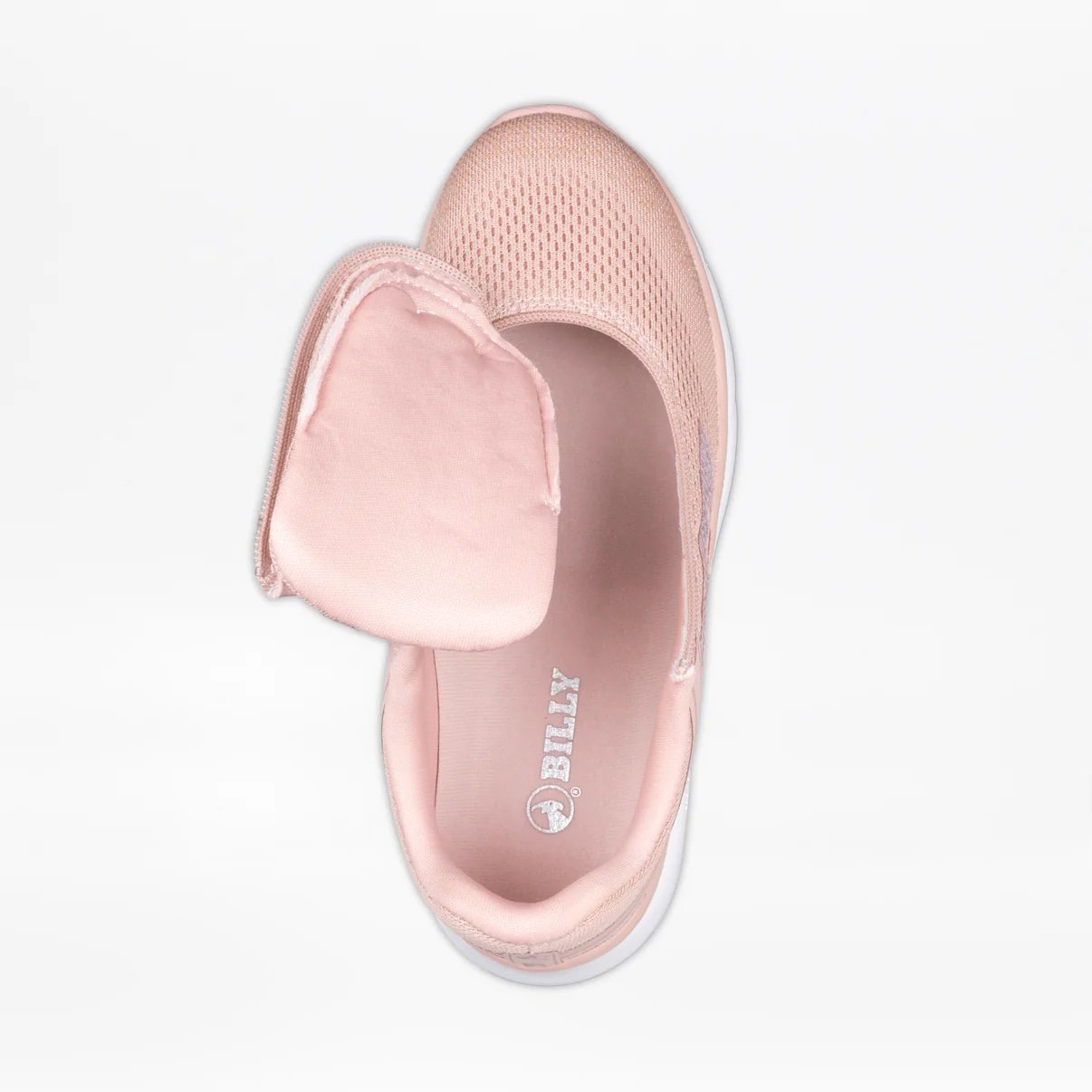 BILLY women's sport inclusion sneaker in a blush pink shown from above with the adaptive wraparound zipper open