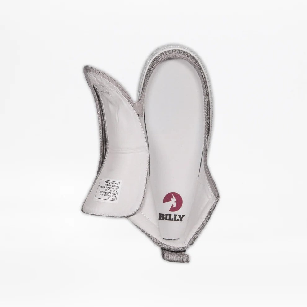 grey jersey BILLY kids adaptive high top snearkers shown from above with wraparound zipper open