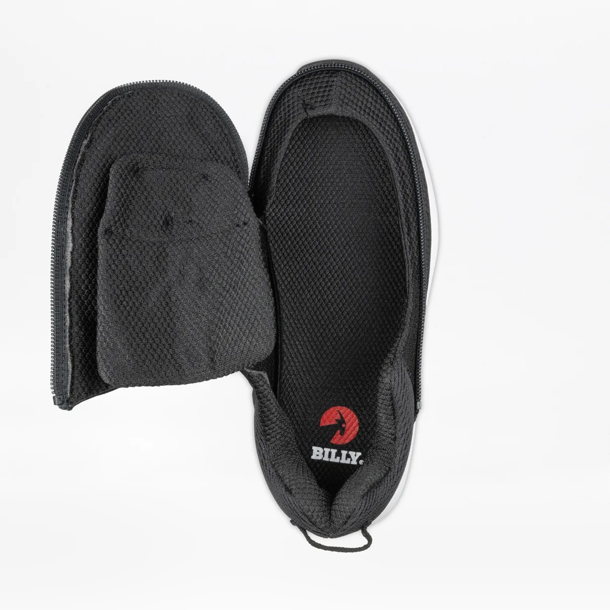 BILLY women's limitless shoe shown in black from the top with the full wrap zip open for easy on/off