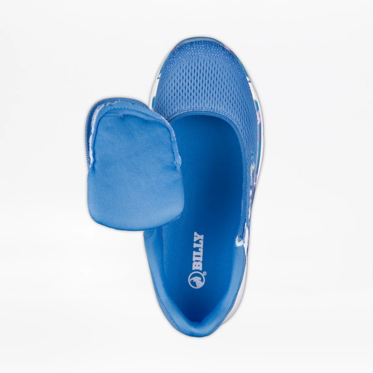 BILLY women's adaptive sneaker in a bright blue color with a marbled cool color accent pattern shown from the top with the wraparound zipper open for easy in/out