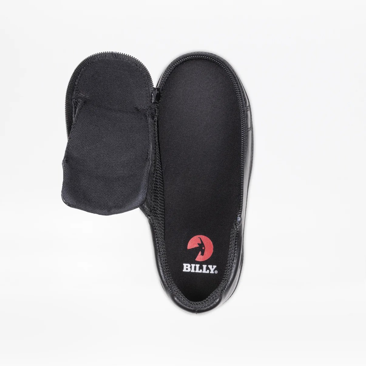 BILLY adaptive kids D|R II low tops in black leather shown from above with the wraparound zipper open for easy in/out