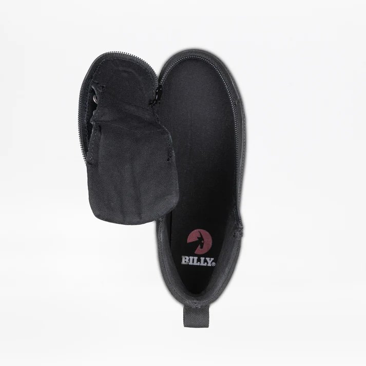 BILLY adaptive kids black high top sneaker shown from above with zipper open for easy in/out