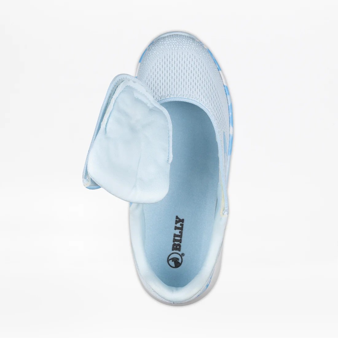 BILLY women's sneaker in a very light blue with accents that are a darker marbled blue shown from the top with the adaptive wraparound zipper open for easy in/out