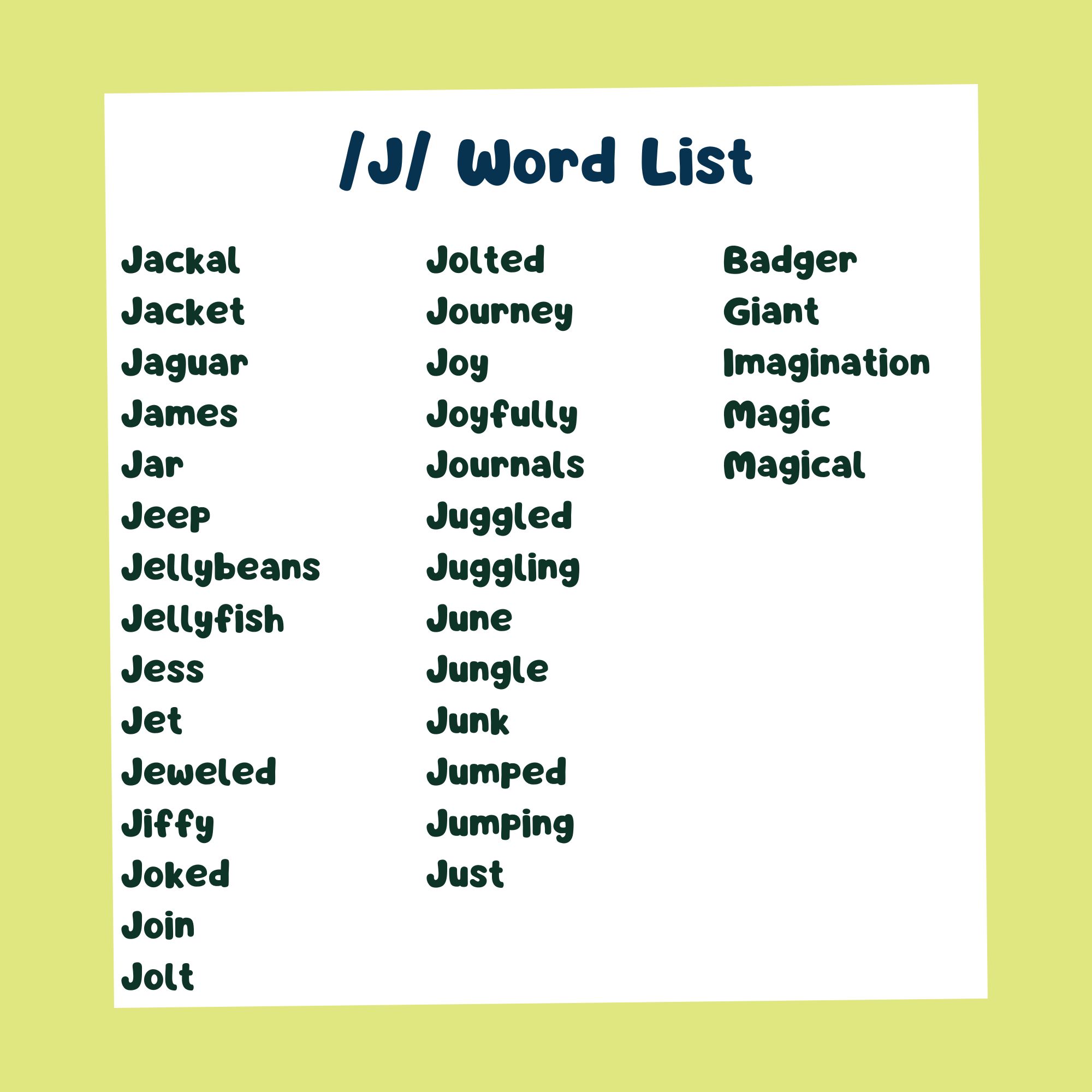 a storybook page with a /J/ word list for auditory bombardment and speech therapy